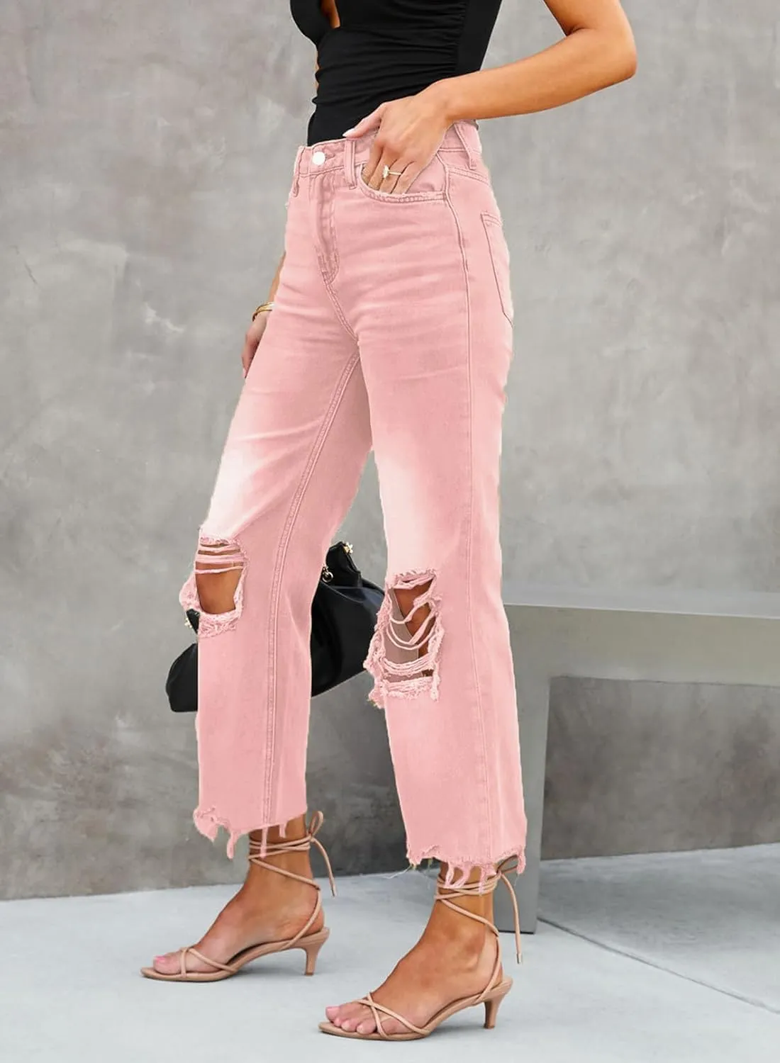 LOLONG High Waisted Ripped Flare Jeans for Women Casual Distressed Pants