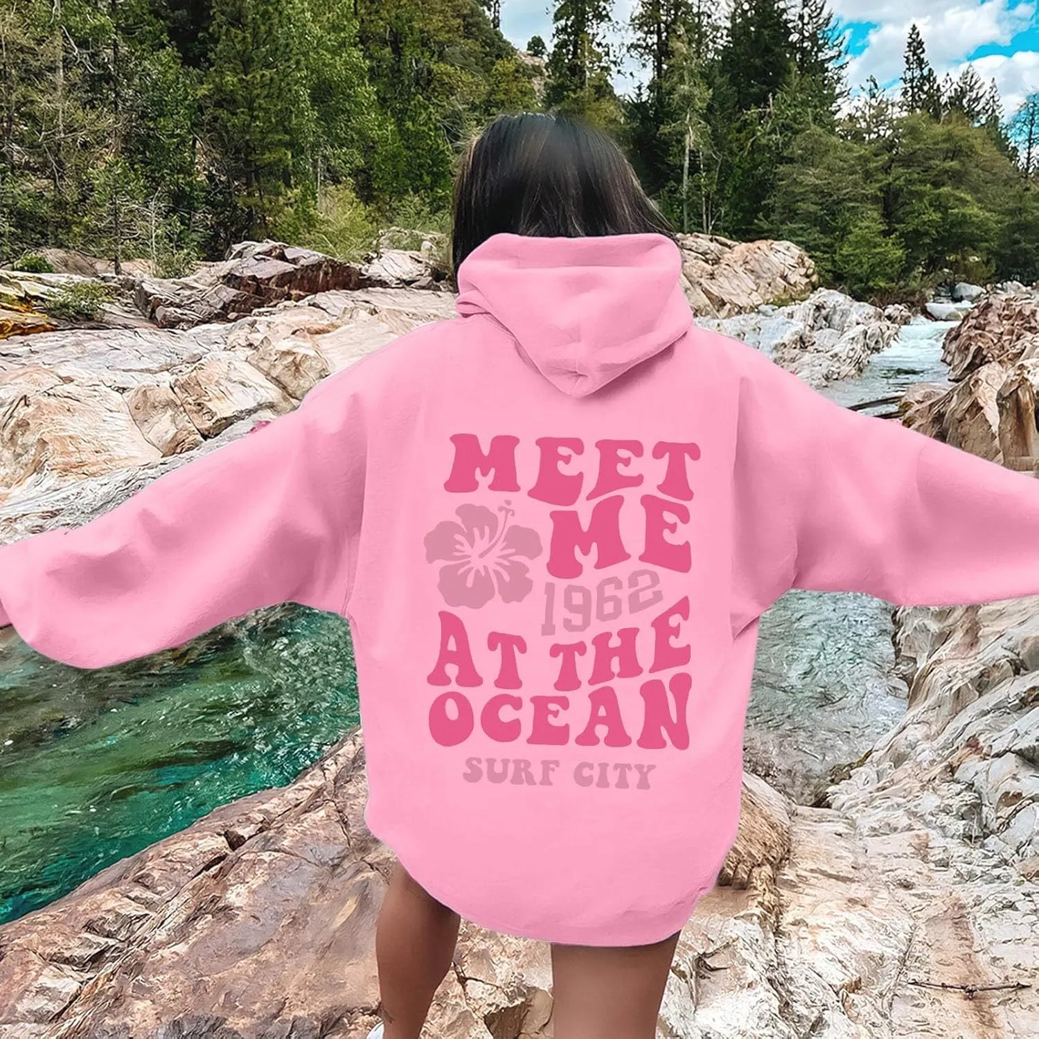 Meet Me At The Ocean Hoodies For Women Long Sleeve Hooded Sweatshirts With Pocket Drawstring Pullover Top Fall, Large