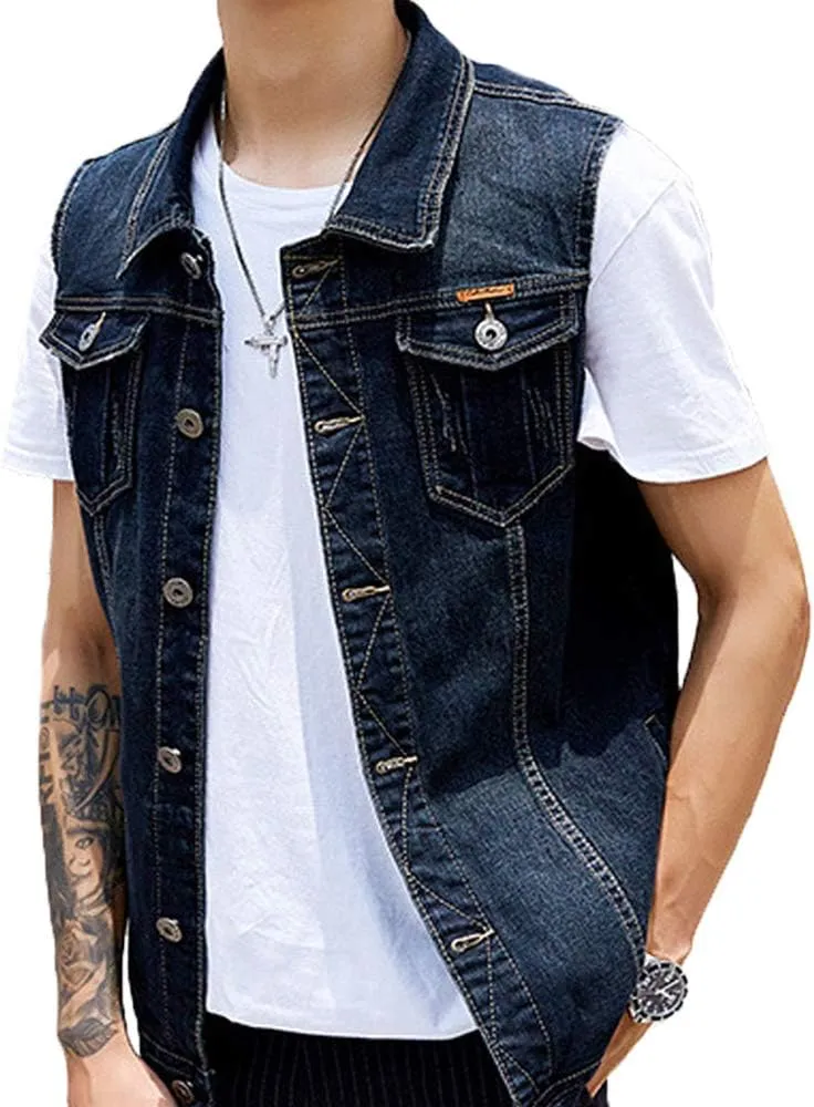Men's Casual Button Up Denim Vest Vintage Sleeveless Jeans Vest Jacket