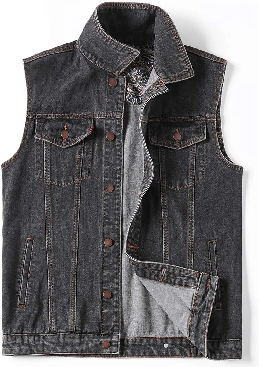 Men's Casual Button Up Denim Vest Vintage Sleeveless Jeans Vest Jacket
