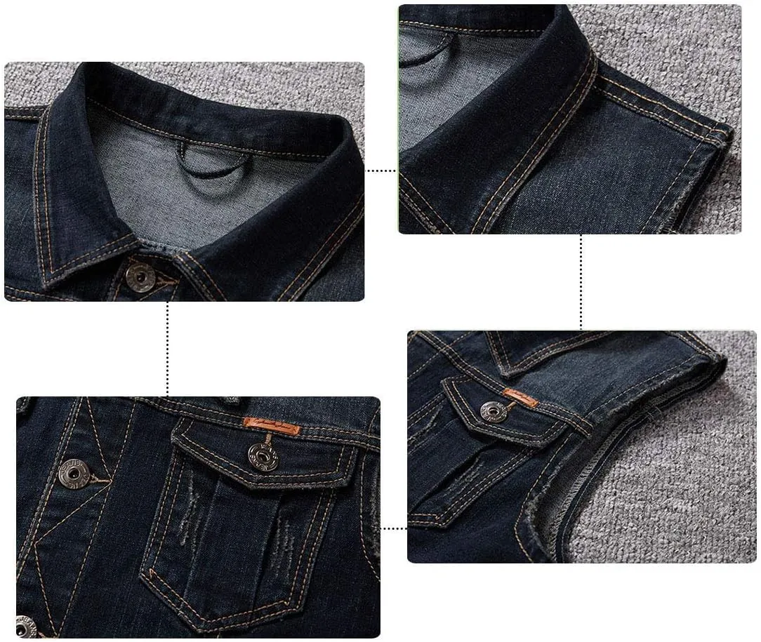 Men's Casual Button Up Denim Vest Vintage Sleeveless Jeans Vest Jacket