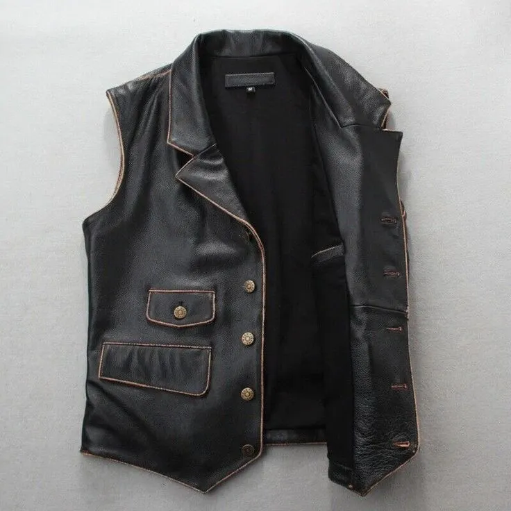 Men's Distressed Black Leather Motorcycle Vest - Real Leather Biker Vest