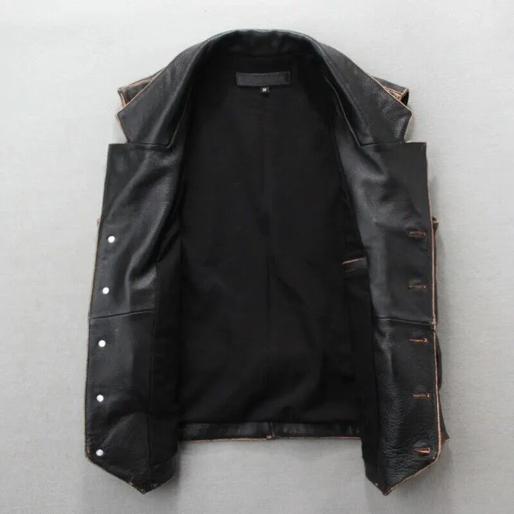Men's Distressed Black Leather Motorcycle Vest - Real Leather Biker Vest
