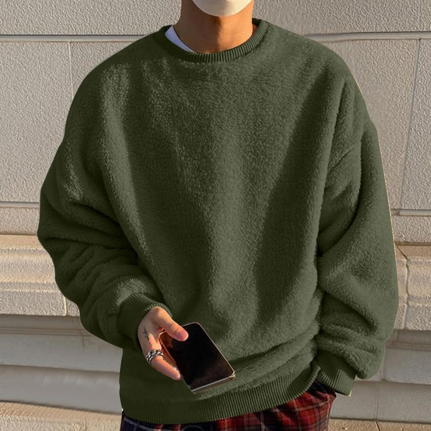 Mens Fuzzy Sherpa Sweatshirt Winter Fall Fleece Pullover Crewneck Solid Color Sweatshirts Loose Fit Plus Size Shirts