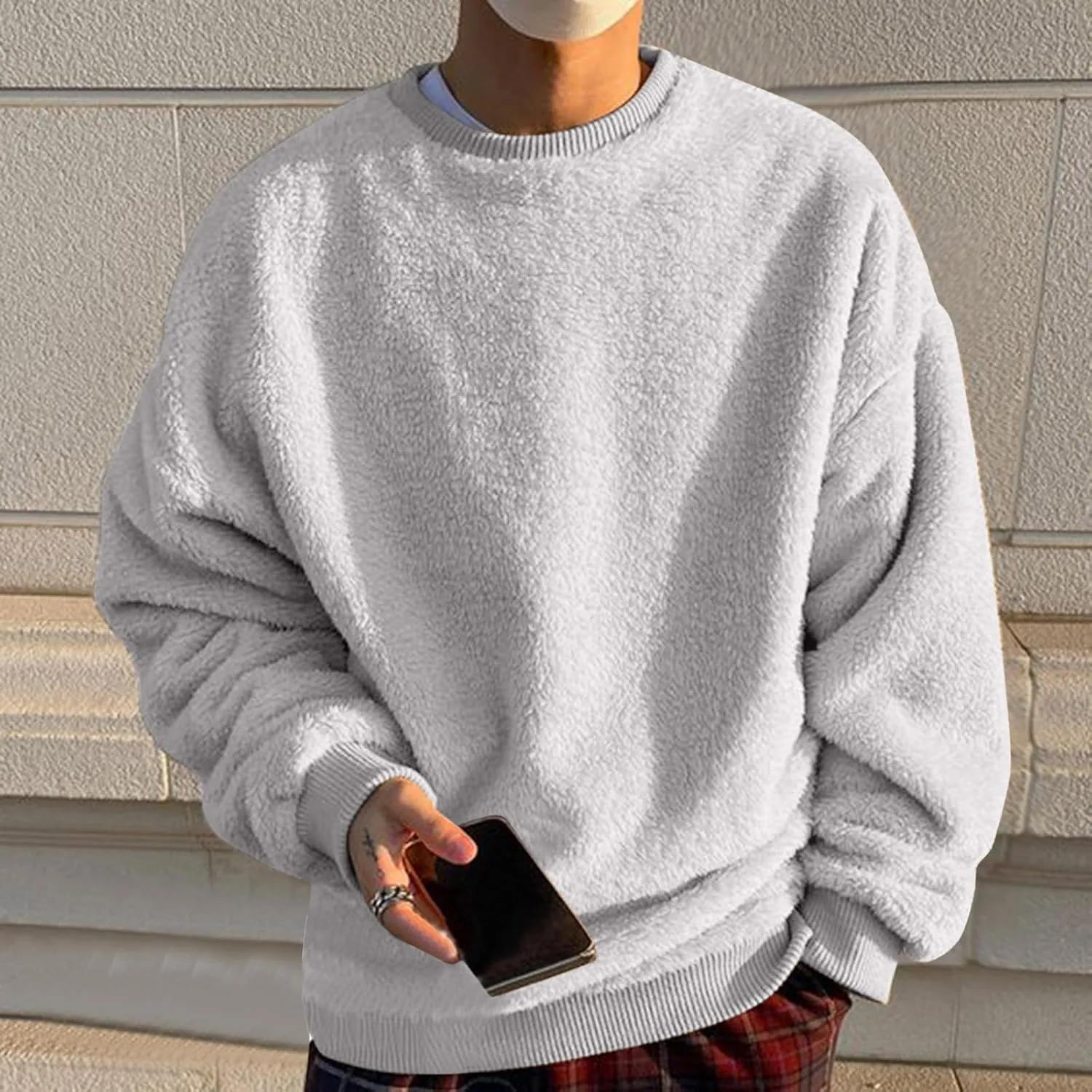 Mens Fuzzy Sherpa Sweatshirt Winter Fall Fleece Pullover Crewneck Solid Color Sweatshirts Loose Fit Plus Size Shirts