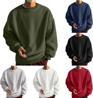 Mens Fuzzy Sherpa Sweatshirt Winter Fall Fleece Pullover Crewneck Solid Color Sweatshirts Loose Fit Plus Size Shirts