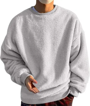 Mens Fuzzy Sherpa Sweatshirt Winter Fall Fleece Pullover Crewneck Solid Color Sweatshirts Loose Fit Plus Size Shirts