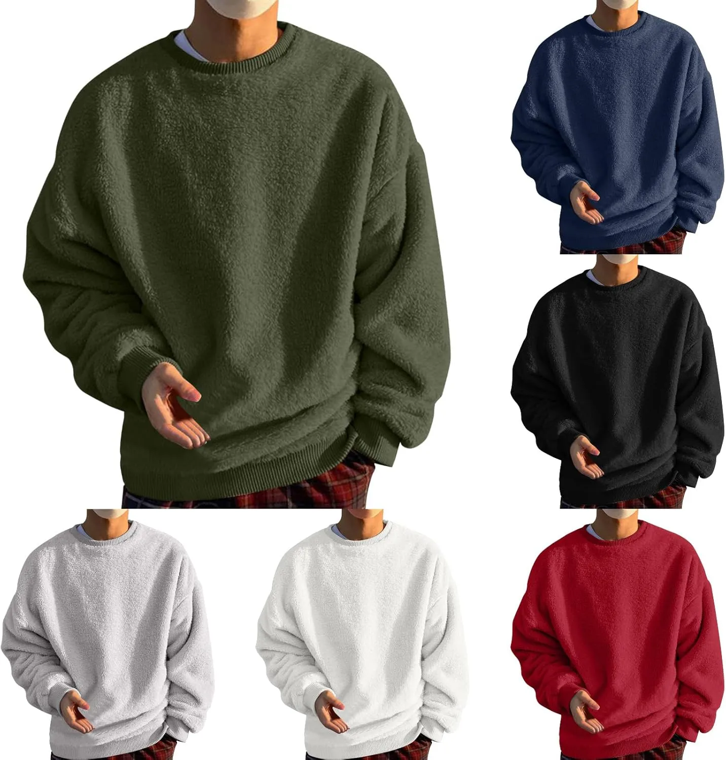 Mens Fuzzy Sherpa Sweatshirt Winter Fall Fleece Pullover Crewneck Solid Color Sweatshirts Loose Fit Plus Size Shirts