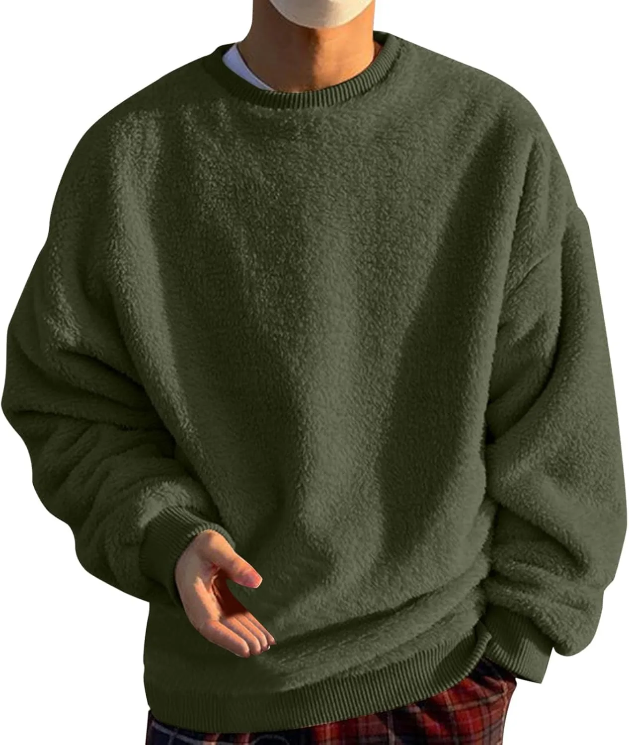 Mens Fuzzy Sherpa Sweatshirt Winter Fall Fleece Pullover Crewneck Solid Color Sweatshirts Loose Fit Plus Size Shirts