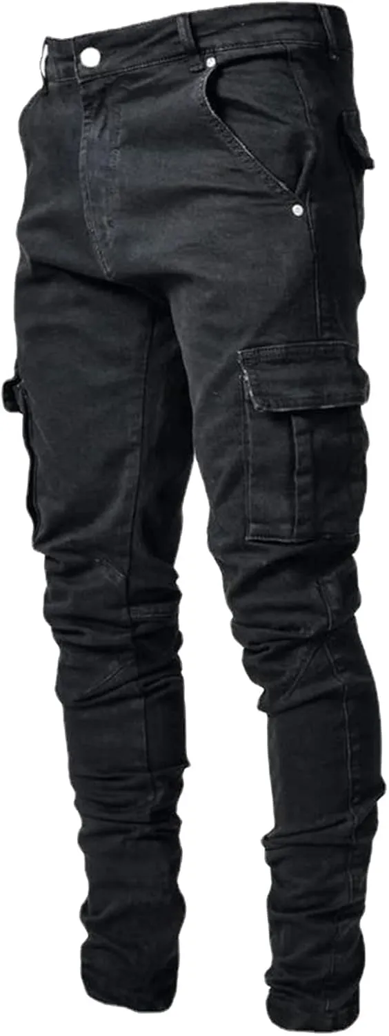 Mens Slim Fit Cargo Jeans Straight Leg Denim Work Utility Pants Streetwear Hip Hop Cargo Jogger Pants Casual Skinny Jeans