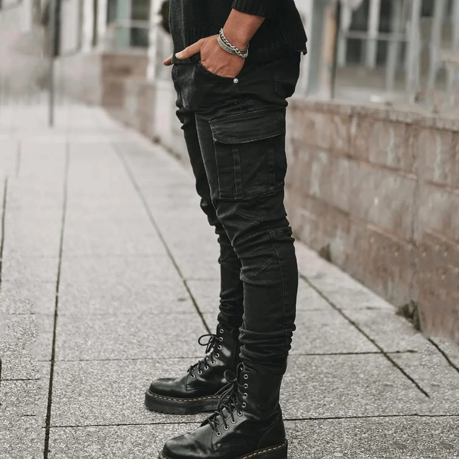 Mens Slim Fit Cargo Jeans Straight Leg Denim Work Utility Pants Streetwear Hip Hop Cargo Jogger Pants Casual Skinny Jeans