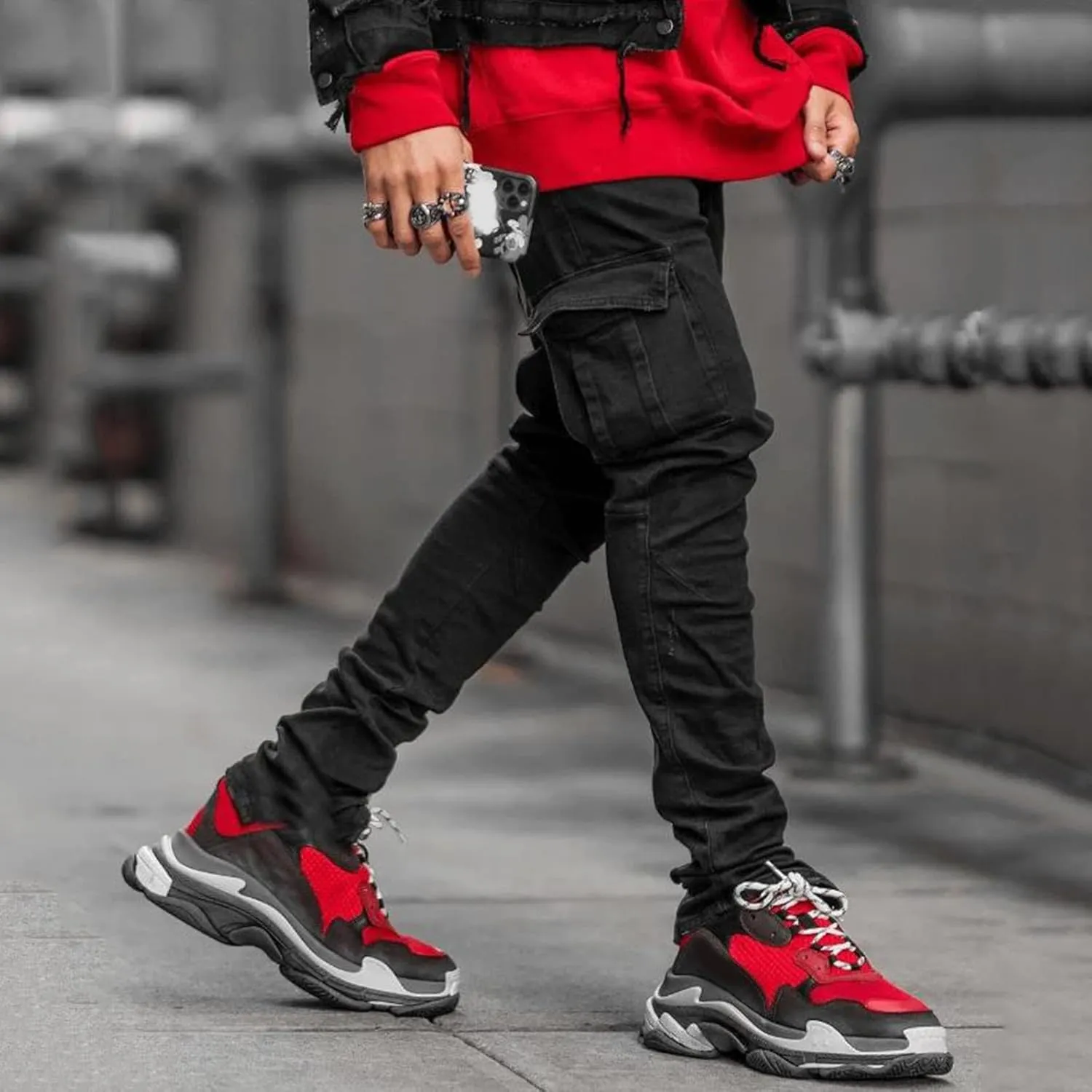 Mens Slim Fit Cargo Jeans Straight Leg Denim Work Utility Pants Streetwear Hip Hop Cargo Jogger Pants Casual Skinny Jeans