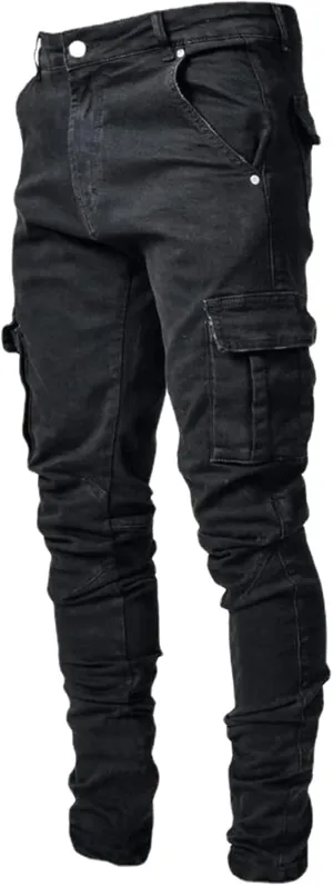 Mens Slim Fit Cargo Jeans Straight Leg Denim Work Utility Pants Streetwear Hip Hop Cargo Jogger Pants Casual Skinny Jeans
