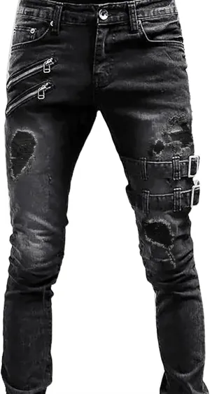 Mens Slim Fit Motor Biker Jeans Stretch Tapered Leg Denim Pants Zipper Deco Buckle Strap Hip Hop Gothic Punk Skinny Jeans