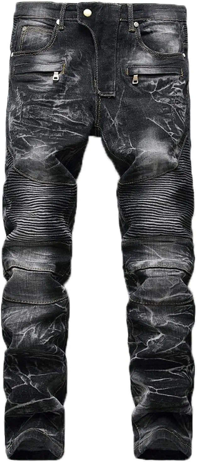 Men's Slim Fit Ripped Jeans Straight Leg Distressed Holes Denim Pants Stretch Skinny Vintage Patchwork Jeans Trousers Black