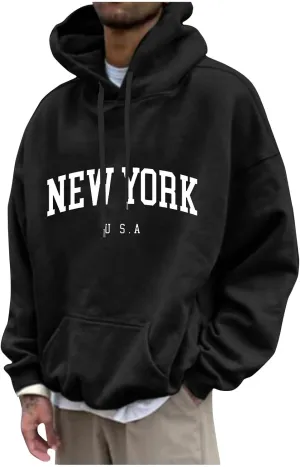 Mens Sweatshirt 2024 Casual Cotton Hooded Collar Drawstring Hoodie Letter Print Long Sleeve Warm Pullover with Pocket
