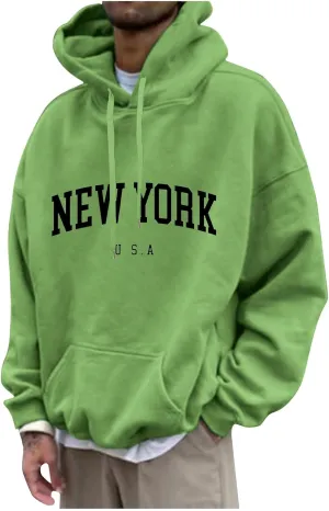 Mens Sweatshirt 2024 Casual Cotton Hooded Collar Drawstring Hoodie Letter Print Long Sleeve Warm Pullover with Pocket