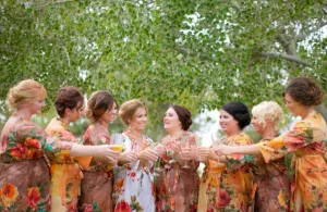 Mismatched Large Floral Blossom Patterned Bridesmaids Robes in Jewel Tones
