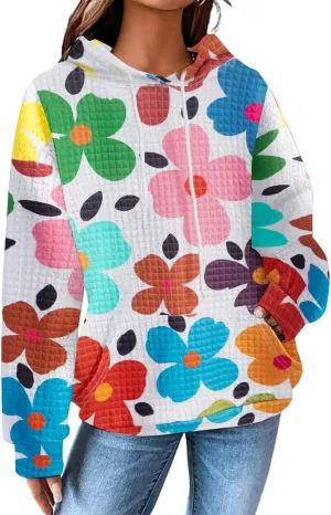 MNLYBABY Floral Hoodie Women Waffle Knit Sweatshirt Cute Graphic Colorful Long Sleeve Shirt With Pocket