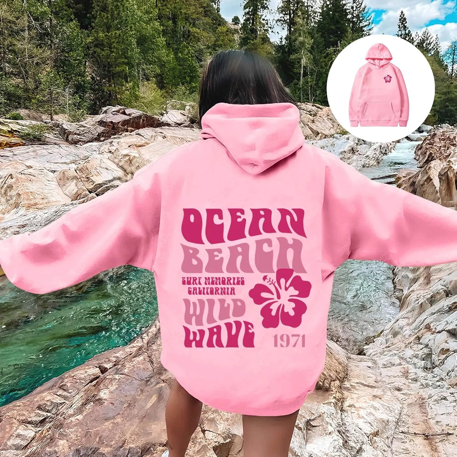 Pink Hoodie Oversized Sweatshirt for Women Teen Girls Letter Graphic Long Sleeve Drawstring Pullover Y2k Hoodies