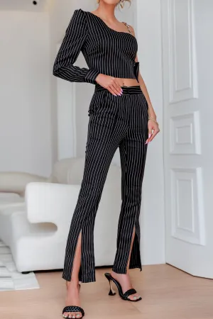 Pinstripe One-Shoulder Top and Slit Ankle Pants Set
