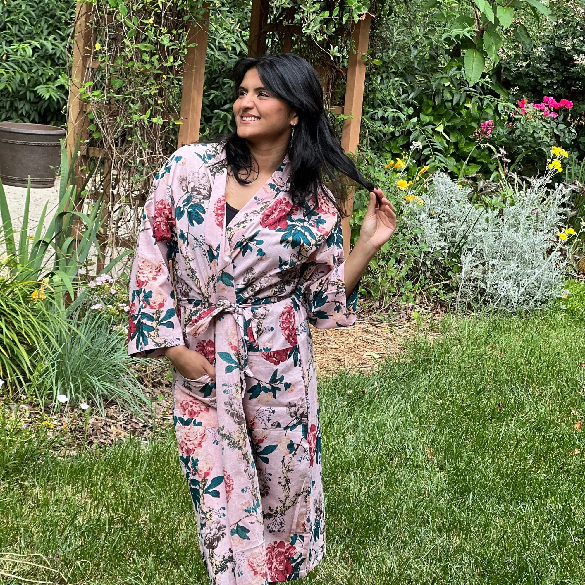Pure Cotton Indian Pink Floral Kimono, House Robe For Women, Beach Cover Up, Gift for Girl friend, Birthday Gift for Wife, Gift for her