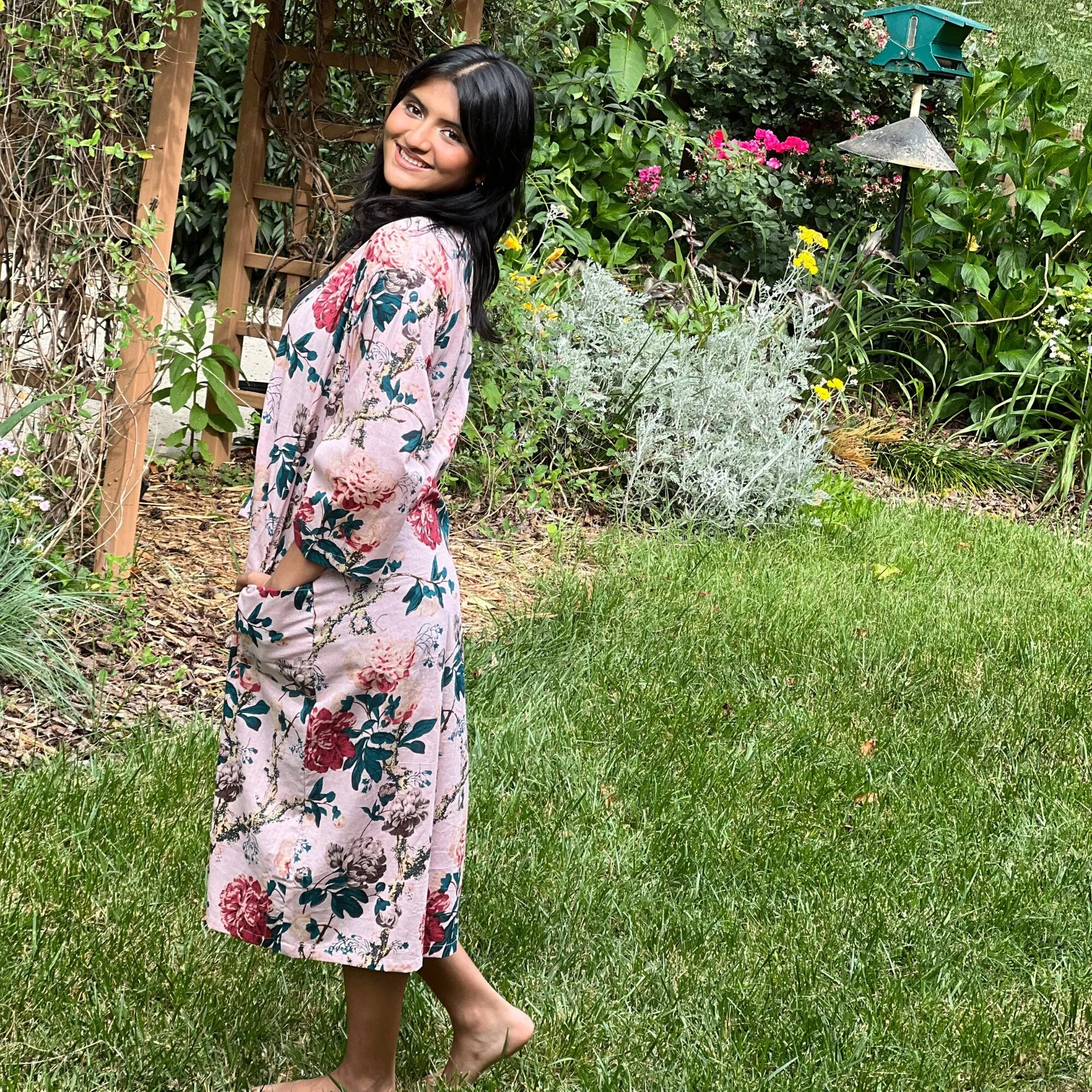 Pure Cotton Indian Pink Floral Kimono, House Robe For Women, Beach Cover Up, Gift for Girl friend, Birthday Gift for Wife, Gift for her