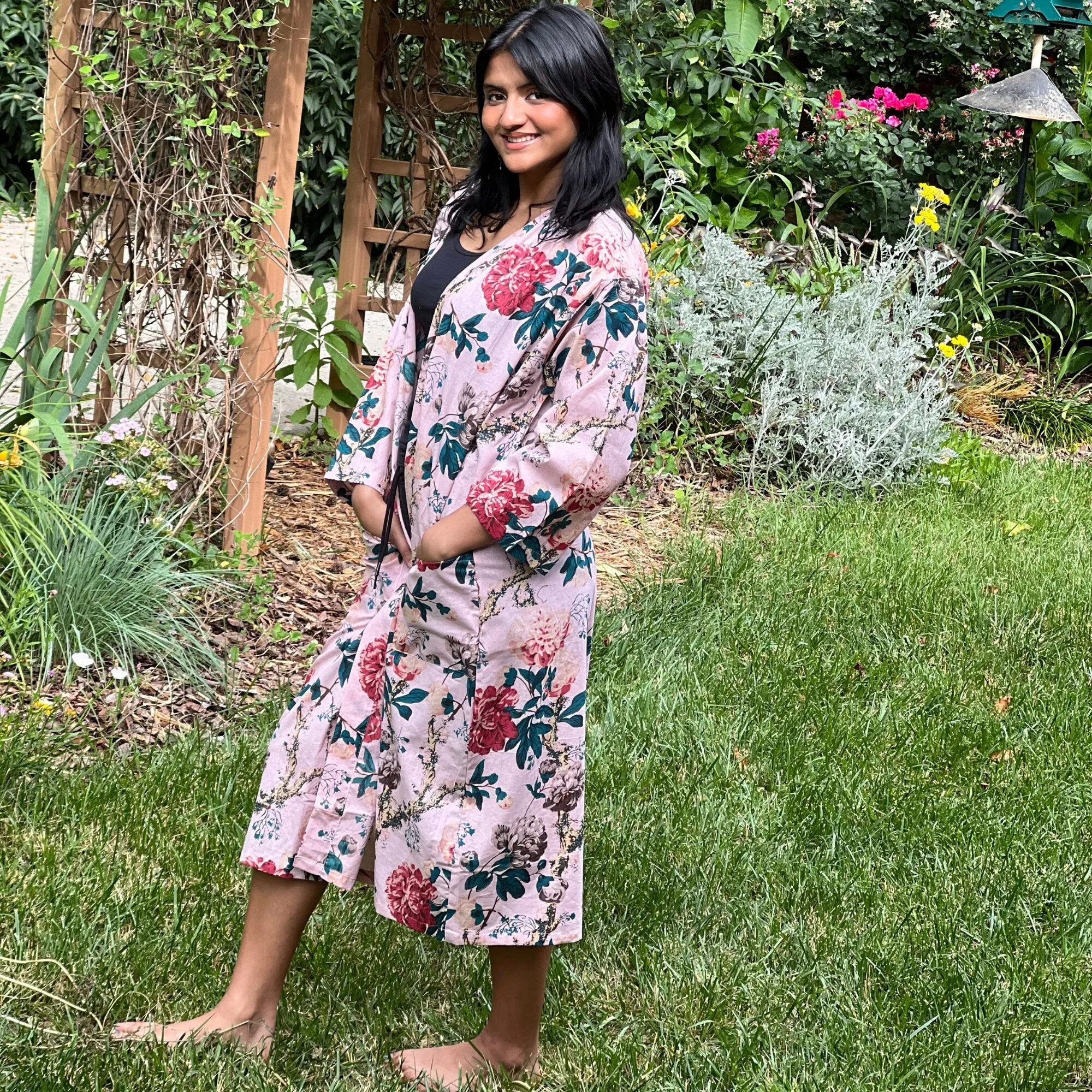 Pure Cotton Indian Pink Floral Kimono, House Robe For Women, Beach Cover Up, Gift for Girl friend, Birthday Gift for Wife, Gift for her