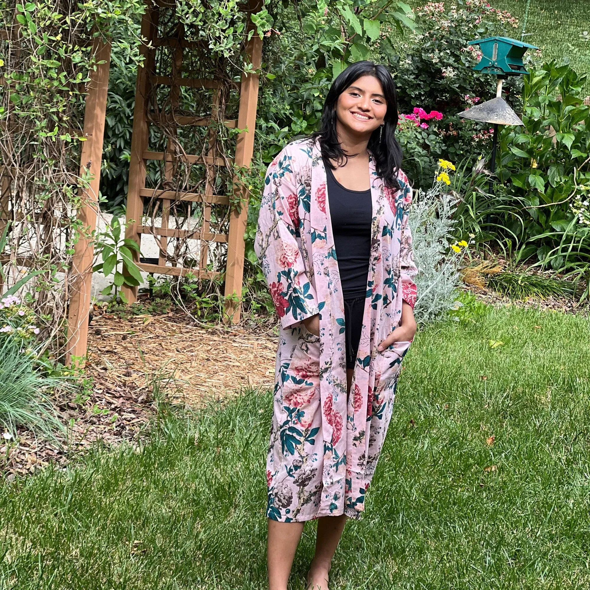 Pure Cotton Indian Pink Floral Kimono, House Robe For Women, Beach Cover Up, Gift for Girl friend, Birthday Gift for Wife, Gift for her