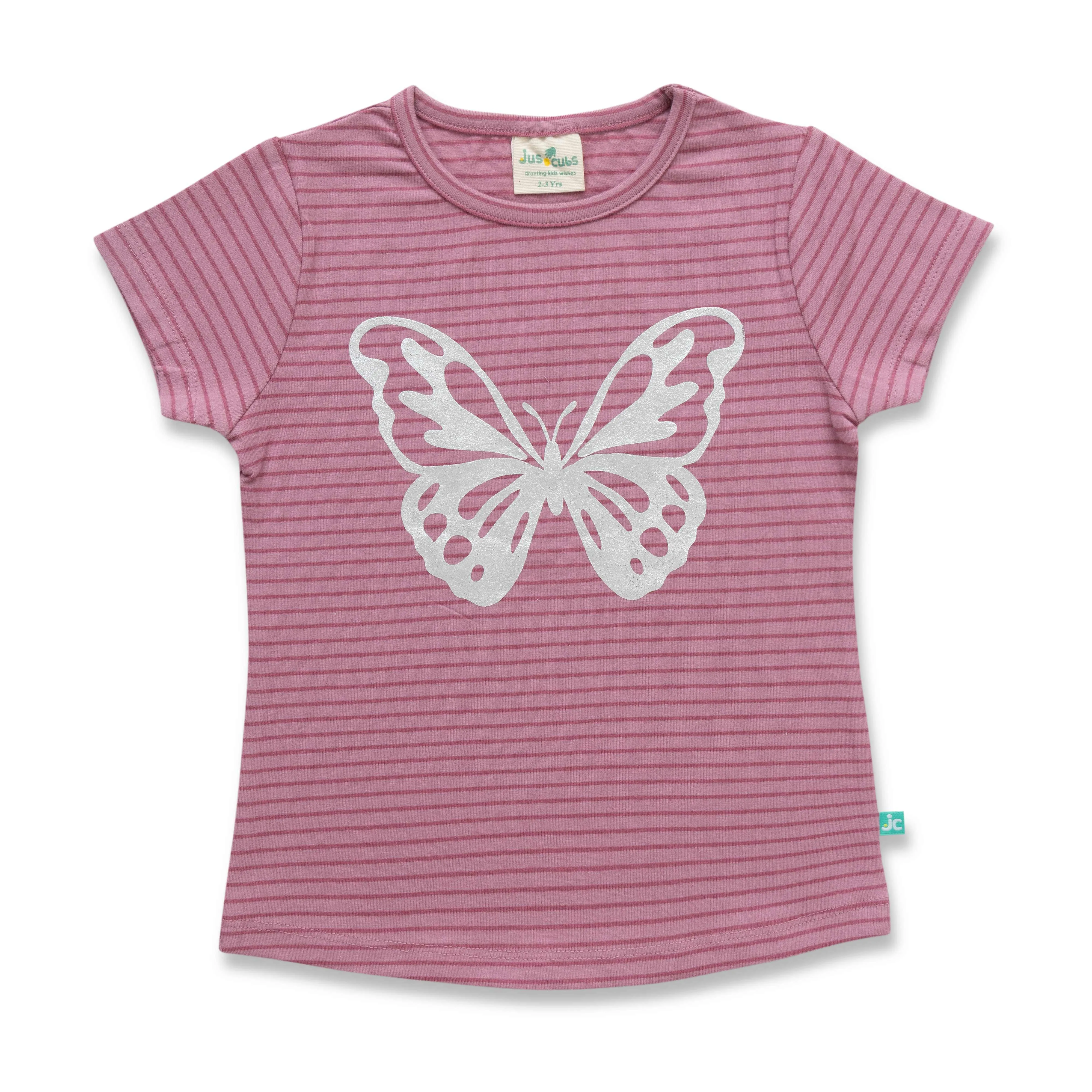 "Girls Pink Striped Butterfly T-Shirt - Short Sleeve Casual Wear"