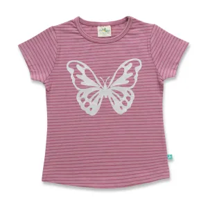 "Girls Pink Striped Butterfly T-Shirt - Short Sleeve Casual Wear"