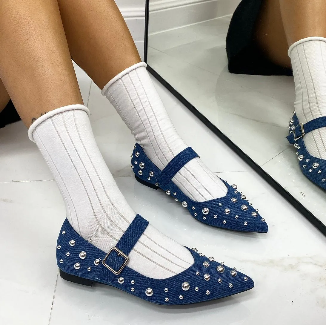 Rita - Scarpe Donna Ballerine Cinturino Borchie Casual Jeans