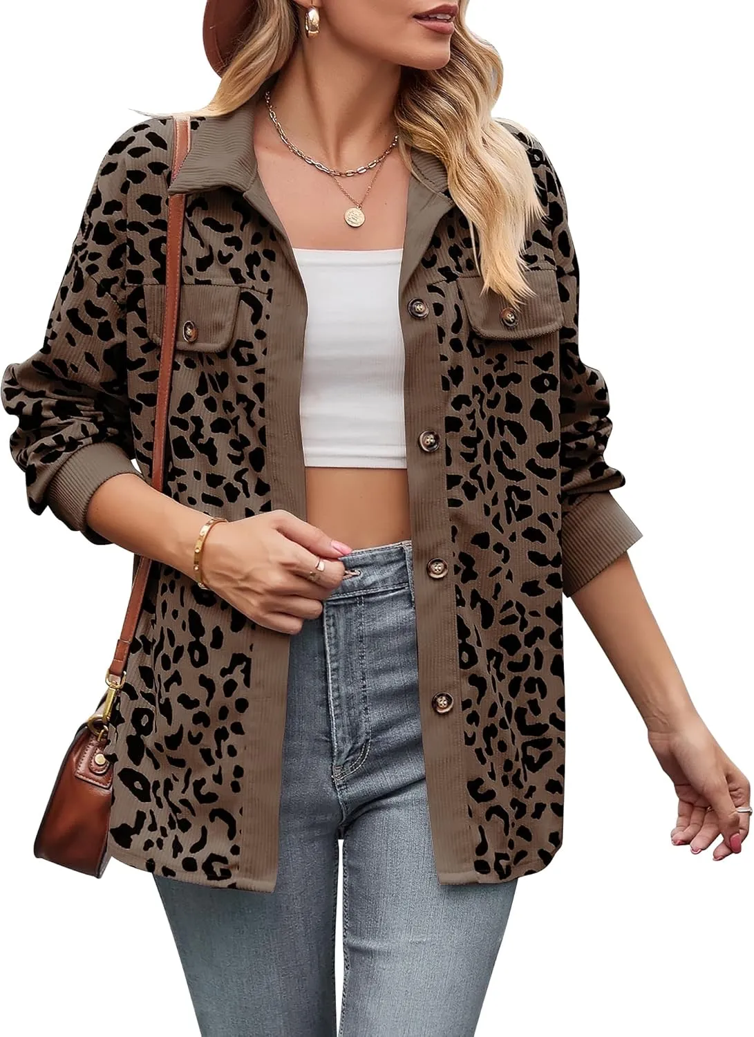 Shackets for Women 2024 Corduroy Leopard Jacket Button Down Long Sleeve Blouses Lightweight Fall Jacket Casual Coat