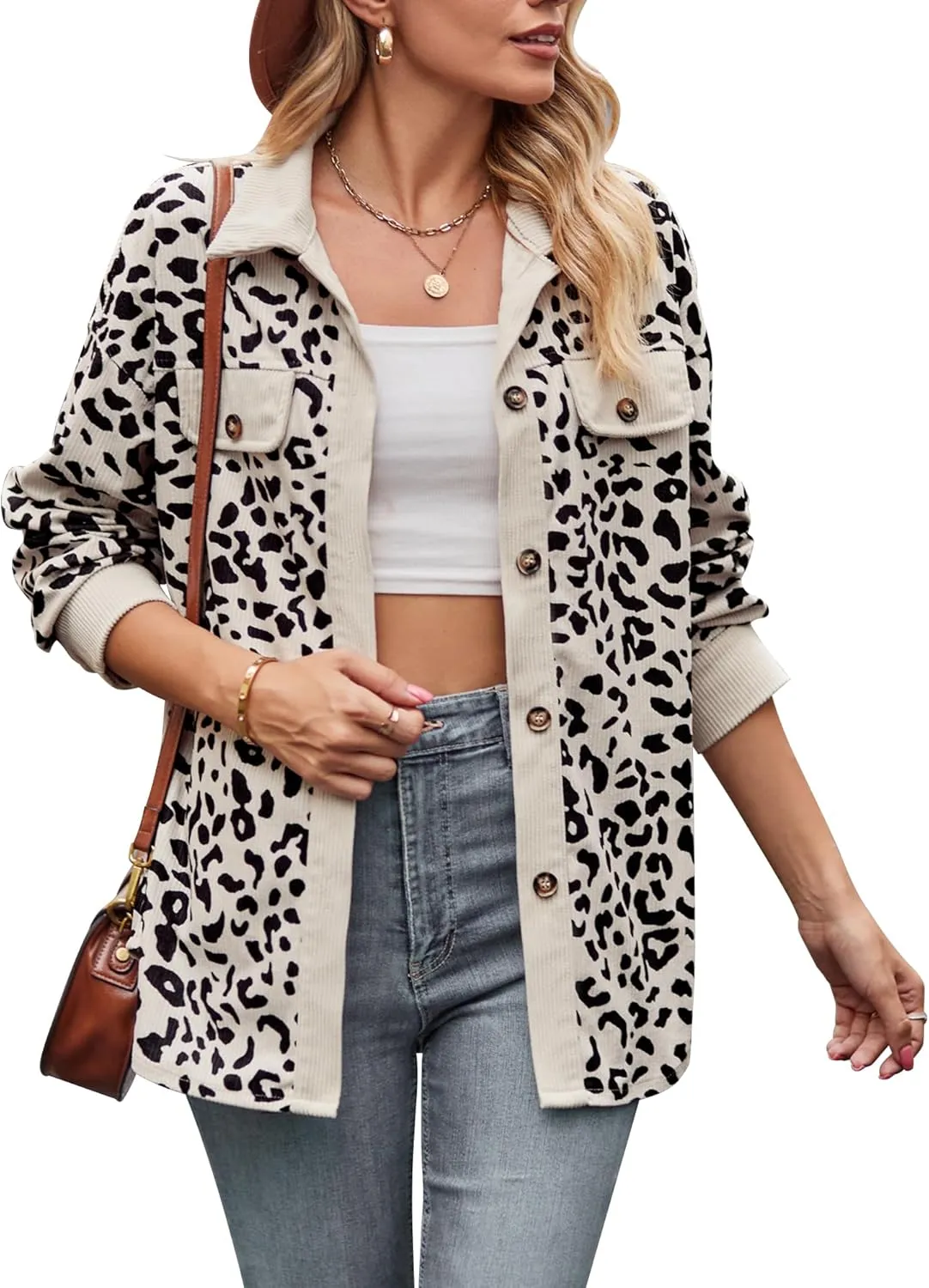 Shackets for Women 2024 Corduroy Leopard Jacket Button Down Long Sleeve Blouses Lightweight Fall Jacket Casual Coat