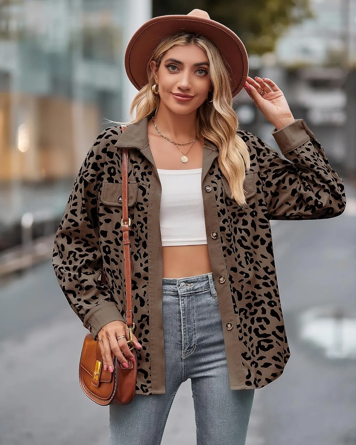 Shackets for Women 2024 Corduroy Leopard Jacket Button Down Long Sleeve Blouses Lightweight Fall Jacket Casual Coat