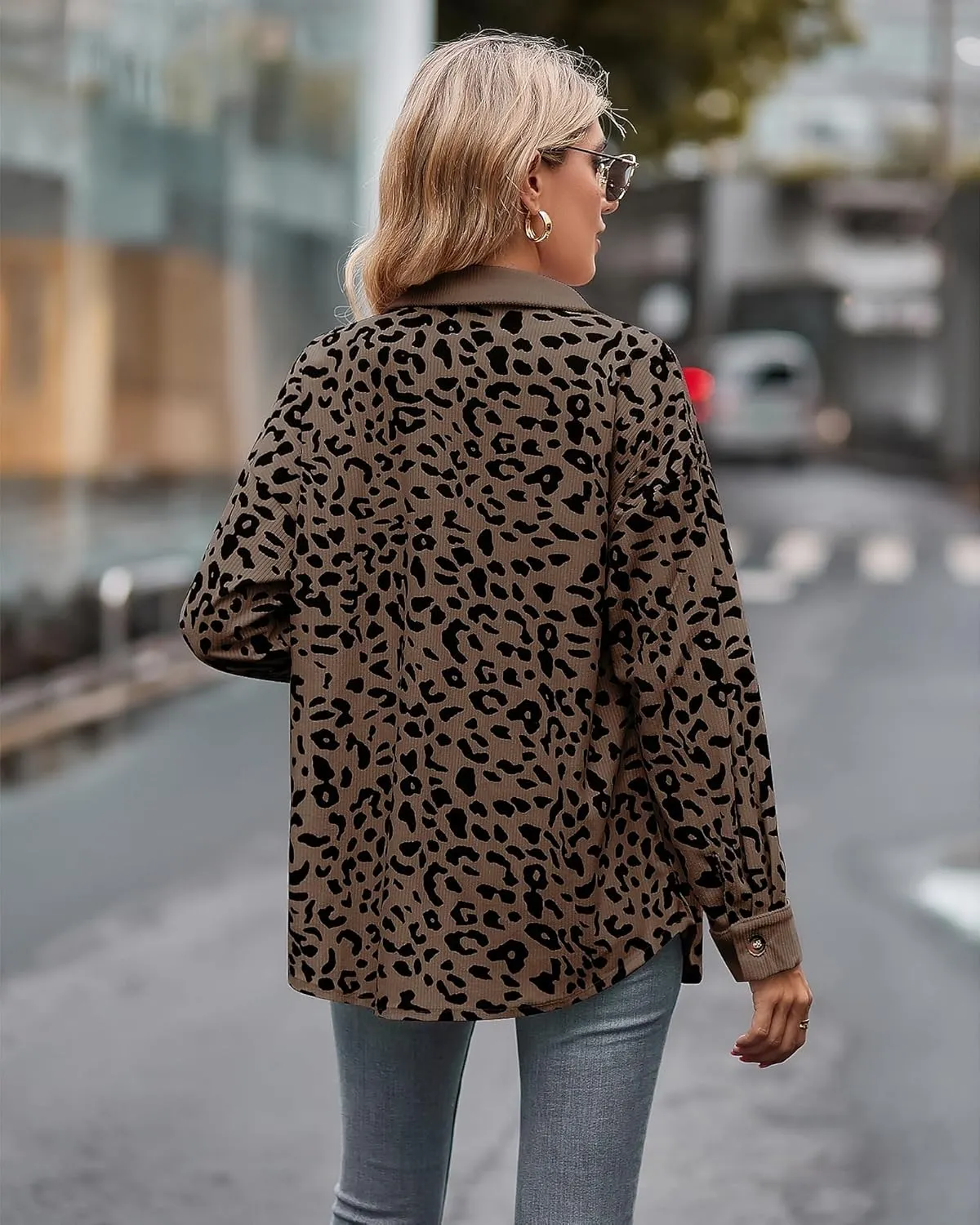 Shackets for Women 2024 Corduroy Leopard Jacket Button Down Long Sleeve Blouses Lightweight Fall Jacket Casual Coat