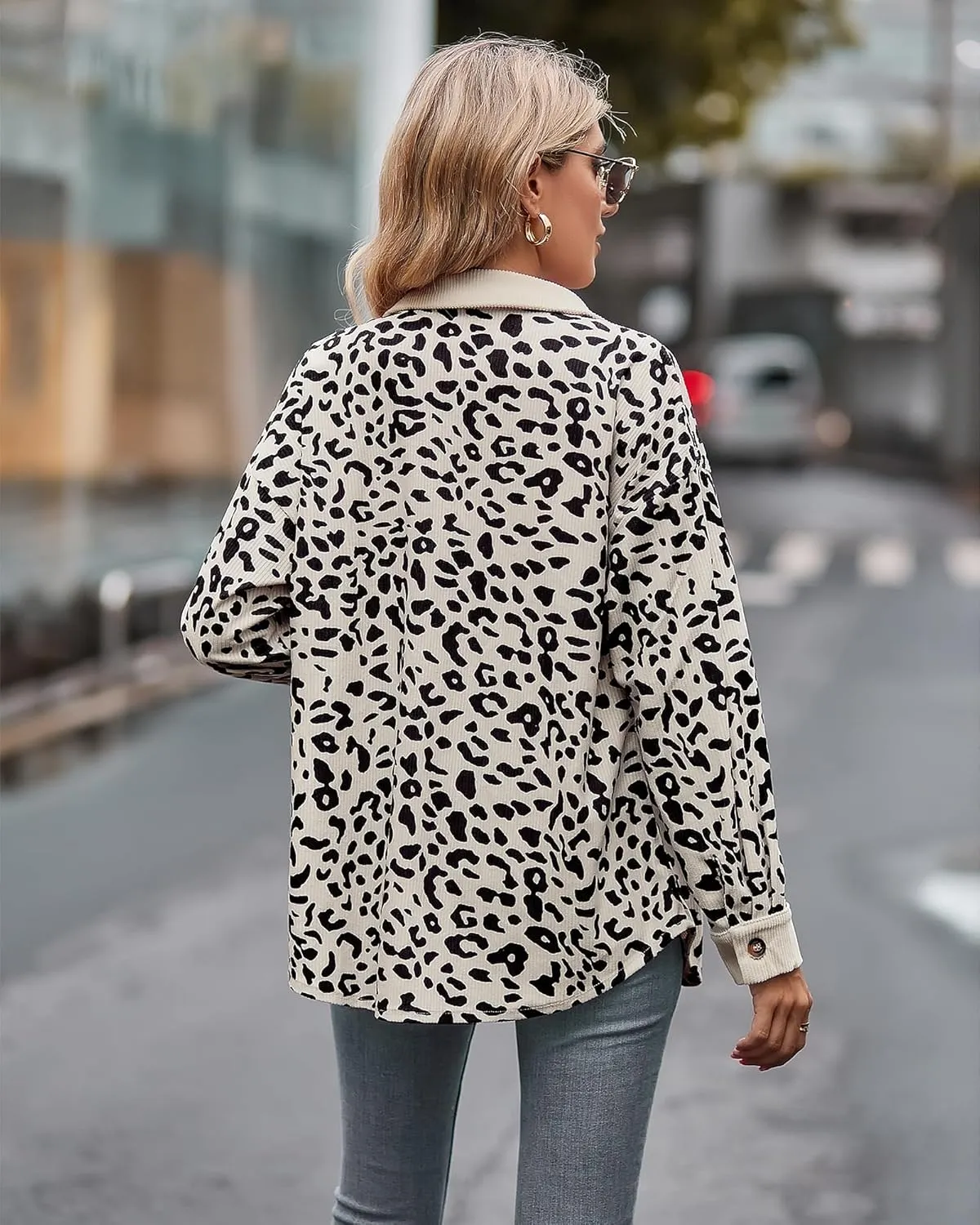 Shackets for Women 2024 Corduroy Leopard Jacket Button Down Long Sleeve Blouses Lightweight Fall Jacket Casual Coat