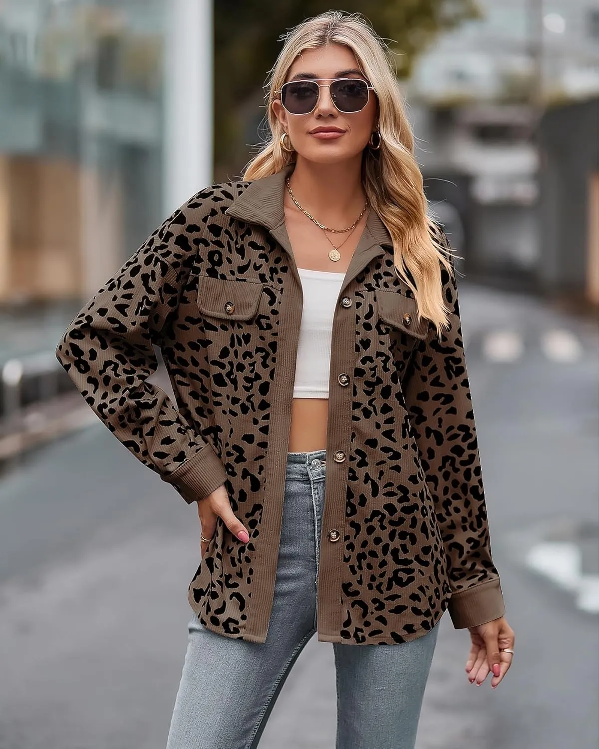 Shackets for Women 2024 Corduroy Leopard Jacket Button Down Long Sleeve Blouses Lightweight Fall Jacket Casual Coat