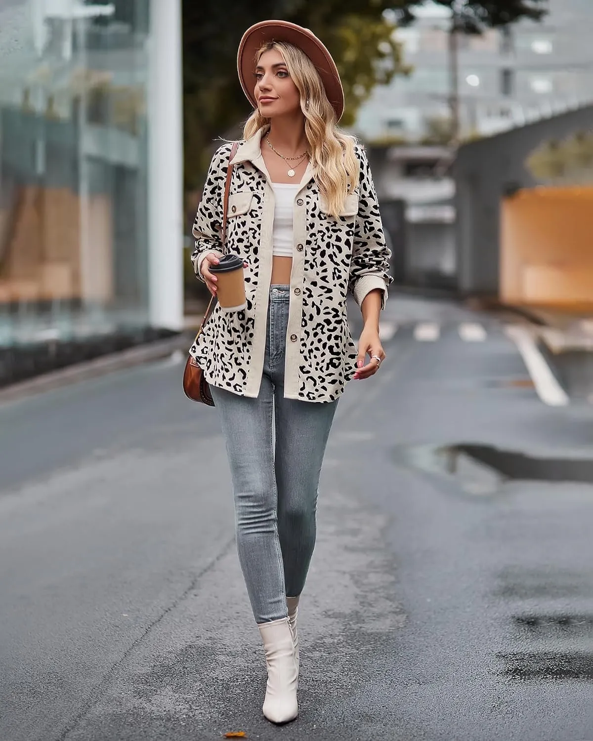 Shackets for Women 2024 Corduroy Leopard Jacket Button Down Long Sleeve Blouses Lightweight Fall Jacket Casual Coat
