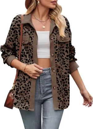 Shackets for Women 2024 Corduroy Leopard Jacket Button Down Long Sleeve Blouses Lightweight Fall Jacket Casual Coat