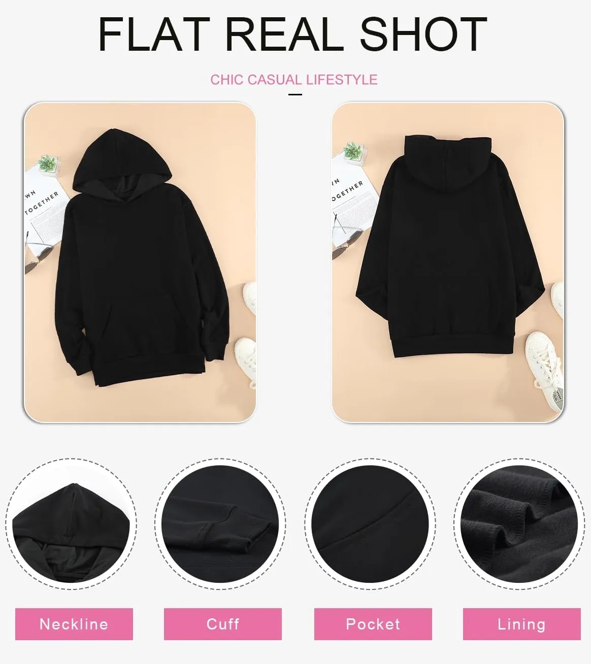 SHEWIN Women's Casual Hoodies Long Sleeve Solid Lightweight Pullover Tops Loose Sweatshirt with Pocket
