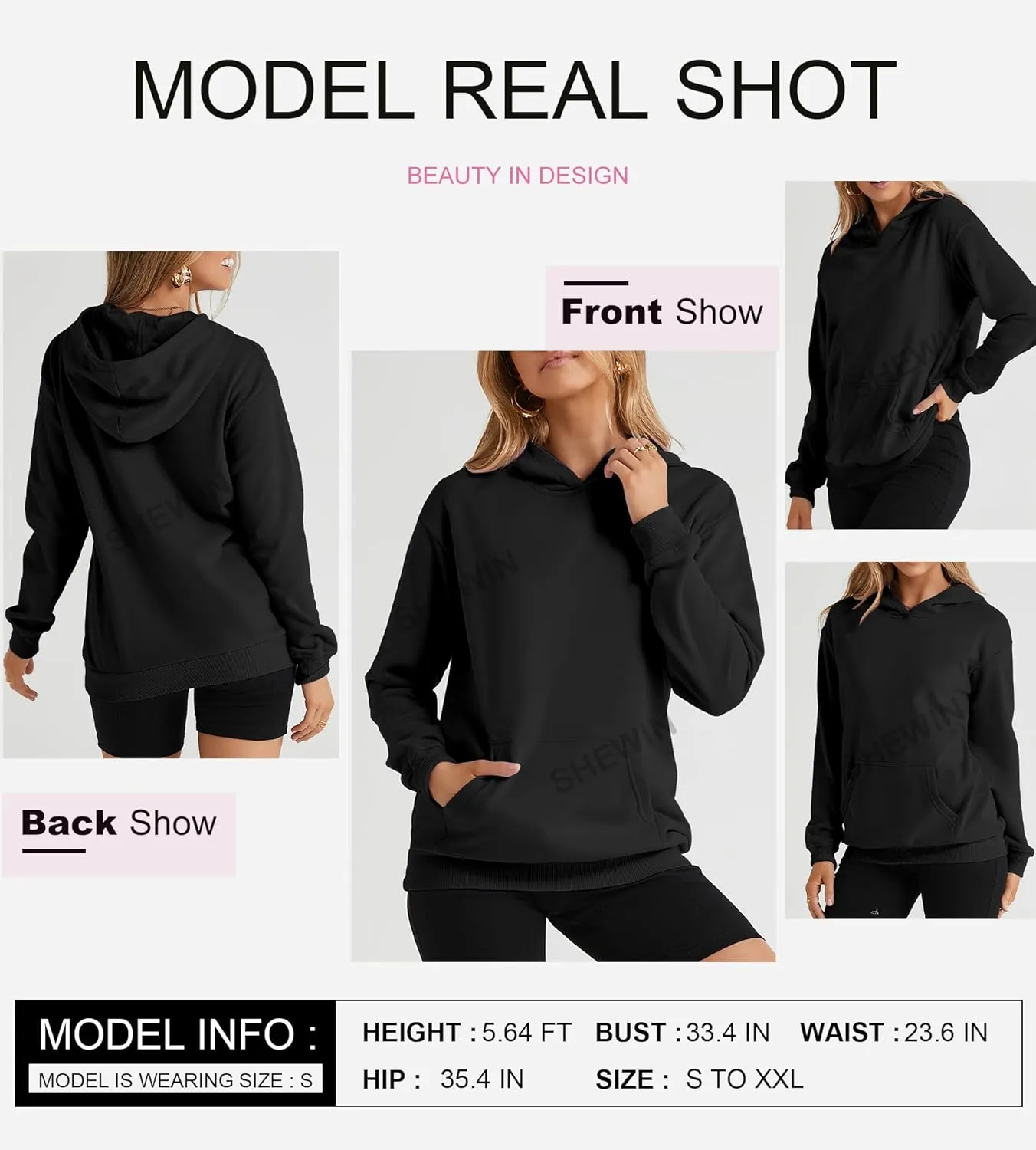 SHEWIN Women's Casual Hoodies Long Sleeve Solid Lightweight Pullover Tops Loose Sweatshirt with Pocket
