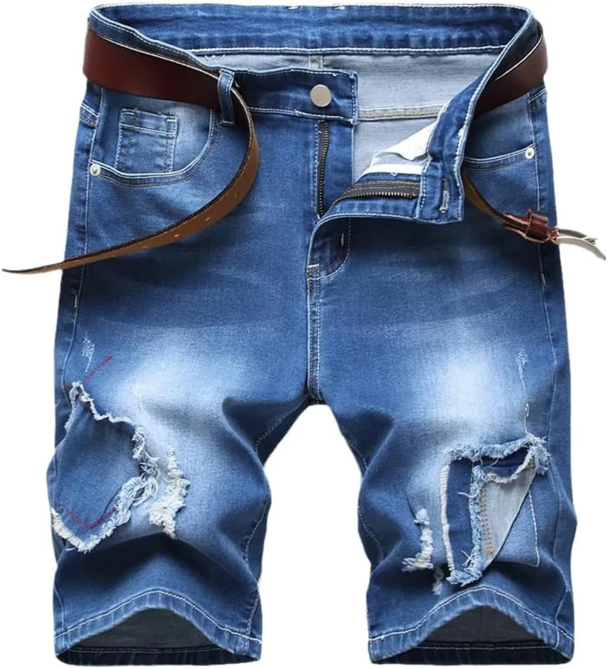 Summer Men's Ripped Jeans Short, Casual Slim Fit Cotton Denim Short
