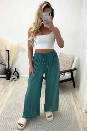 Tanya Teal Plisse High Waisted Drawstring Wide Leg Trousers