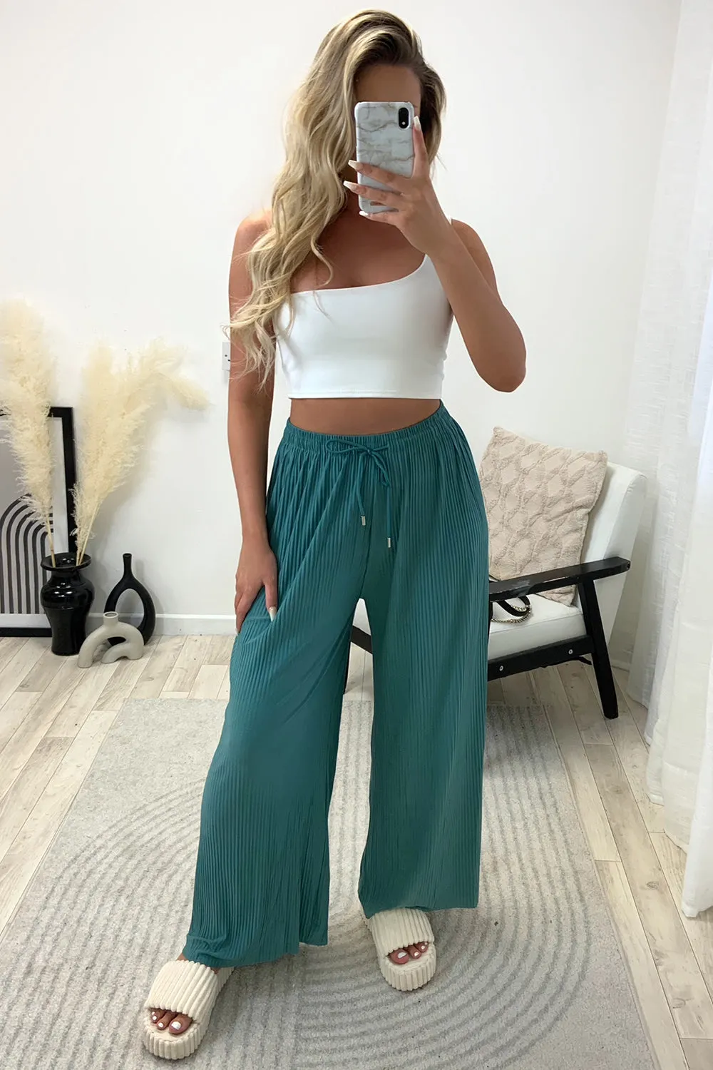 Tanya Teal Plisse High Waisted Drawstring Wide Leg Trousers