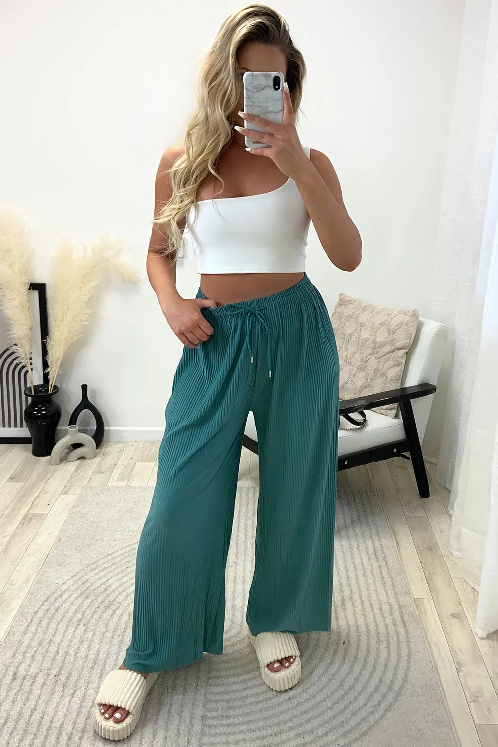 Tanya Teal Plisse High Waisted Drawstring Wide Leg Trousers