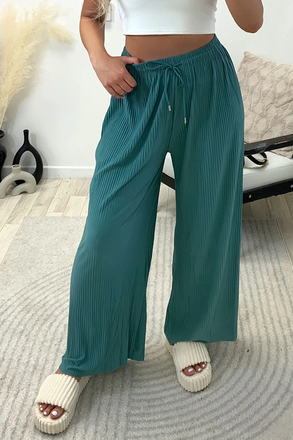 Tanya Teal Plisse High Waisted Drawstring Wide Leg Trousers