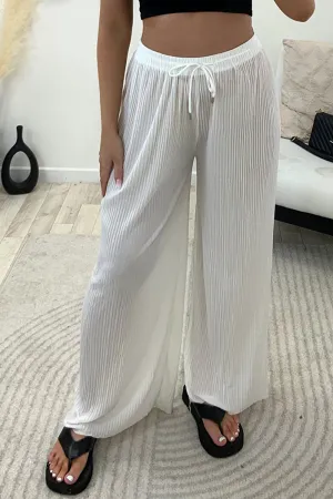 Tanya White Plisse High Waisted Drawstring Wide Leg Trousers