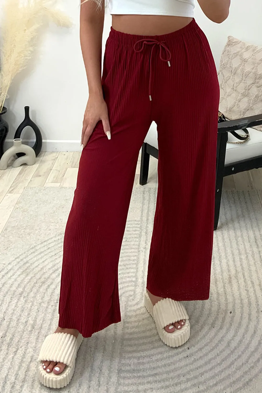 Tanya Wine Plisse High Waisted Drawstring Wide Leg Trousers