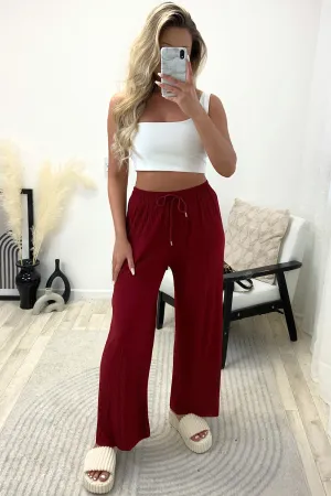 Tanya Wine Plisse High Waisted Drawstring Wide Leg Trousers